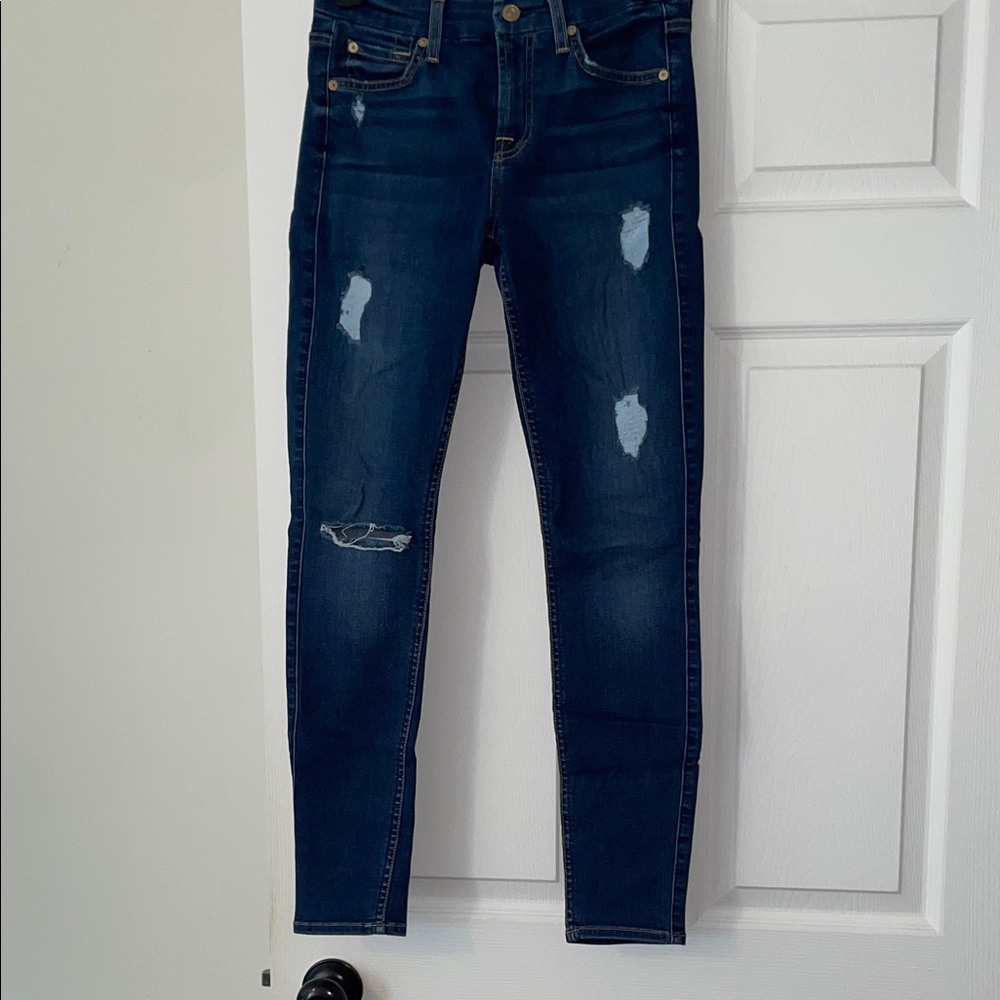 7 For All Mankind Indigo Distressed Skinny Jeans